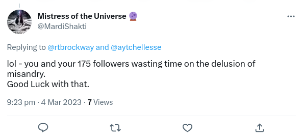 Mistress of the Universe replying to Robert Brockway on Twitter